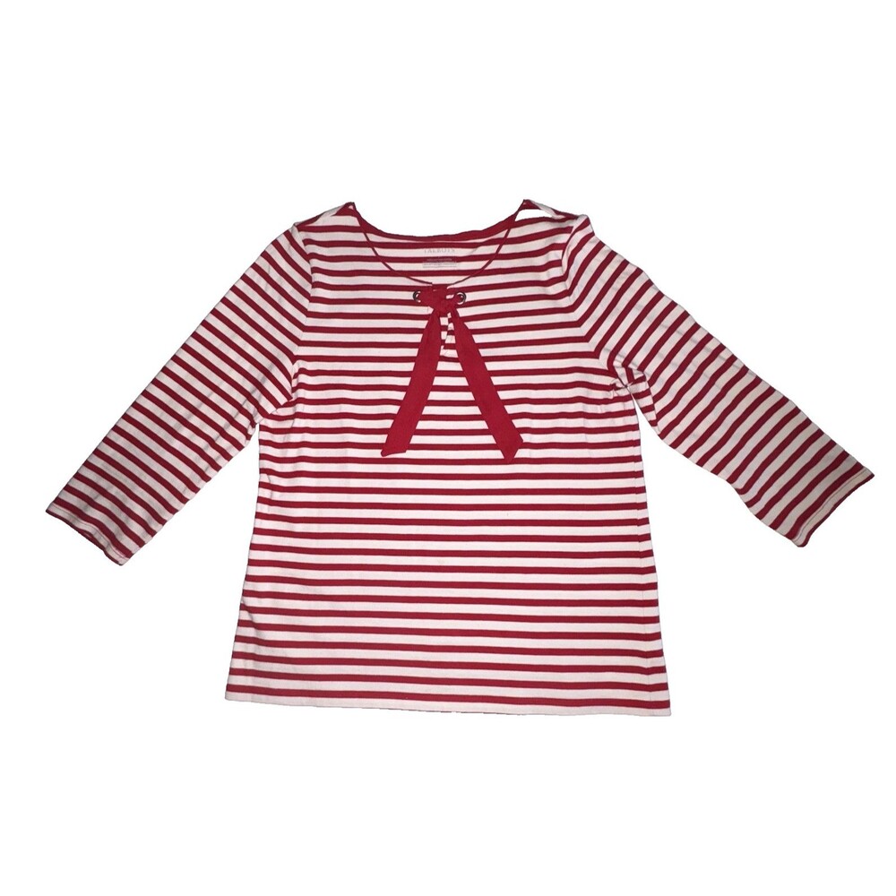Talbots Red & White Striped Top Tie Front Size Large Nautical Cotton 3/4 Sleeves